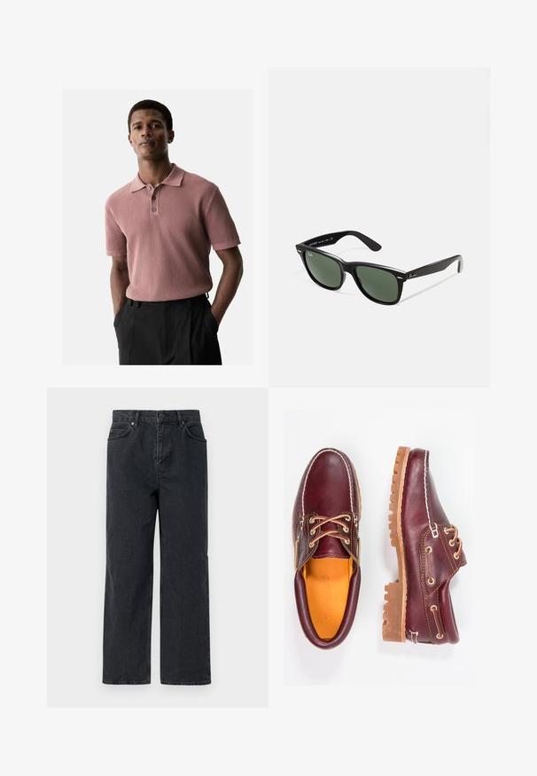 Melna rāvējslēdzēja jaka ar pieguļošu dizainu, divām frontālām kabatām, stāvošu apkakli un teksturētu audumu. Uz kreisās puses atrodas logo.; Ribota, īsām piedurknēm polo krekls putekļrose krāsā ar apkakles izgriezumu un trim pogām. Valkāts ar tumšiem biksēm, rokas kabatās.; Tumši zilas džinsus bikses ar platu kāju, piecu kabatu dizainu un pogu aizdari. Ietver vara toņa aparatūru un smalku tekstūru.; Burgundijas krāsas ādas apavi ar brūniem gumijas zole, apaļiem purngalu, baltu šuvumu un zelta caurumiem. Iekšpusei ir dzeltena oderējums.; Melnas plastmasas saulesbrilles ar zaļiem lēciem, kvadrātveida rāmjiem, sudrabainu akcentu uz uzacīm un teksturētām tempļu kājām. Zīmols norādīts uz iekšējās kājas.