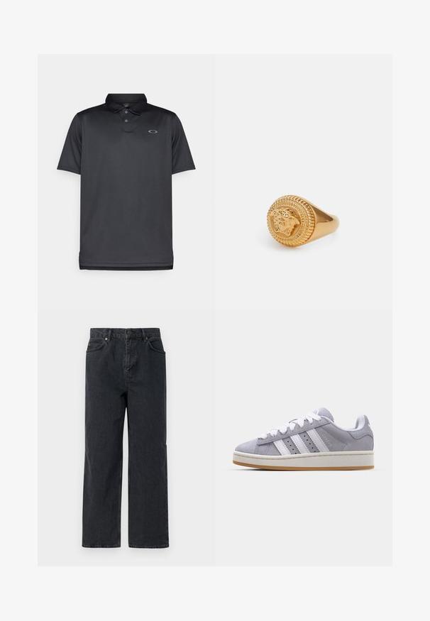 Fekete cipzáros dzseki, testhez álló kialakítással, két elülső zsebbel, álló gallérral és textúrált anyaggal. A bal oldalon logóval rendelkezik.; Fekete pólóing sima anyagból, gallérral, három gombbal, rövid ujjakkal és egy kis szürke logóval a bal mellen.; Sötétkék farmernadrág széles lábakkal, öt zsebes kialakítással és gombos záródással. Rézszínű kiegészítők és finom textúra jellemzi.; Szürke velúr sportcipők fehér csíkokkal, kerek orral és gumitalppal. Az oldalon perforációk és texturált sarokpanel jellemzi.; Versace UNISEX - Gyűrű -  gold- coloured