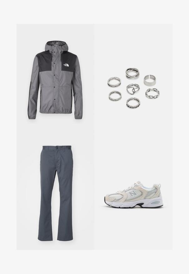 Vattentålig jacka i grått med svarta detaljer, med huva, tryckknappar och justerbar nederkant, tillverkad av lättviktsmaterial.; Ljusgrön sweatshirt i bomullsmix. Har ribbade muddar och nederkant, med en liten broderad logotyp på bröstet. Enkel design, rundad halsringning.; Mörkgrå byxor med rak benform, tillverkade av bomullsblandning, med frontknäppning, bälteshällor och standardfickor. Slät textur.; Idrottssko med en ljusgrå mesh-overdel och suede-accenter, vita snörning och en svart gummisula. Utmärkande ABZORB-dämpning.; Set med sju silverringar med olika mönster, inklusive vridna, länkade och graverade mönster. Olika former och bredder.