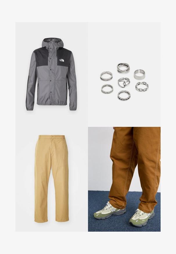 Vodootporna jakna u sivoj boji s crnim detaljima, s kapuljačom, dugmetima na pritisak i podesivim rubom, izrađena od laganog materijala.; Crna majica dugih rukava od pamuka, s okruglim izrezom i ravnim krojem, s malim logom na rukavu.; Kaki chinos izrađeni od lagane tkanine s ravnim krojem, koji imaju prednje dugme za zatvaranje i bočne džepove.; Svijetlozelene i sivo-sive sportske tenisice s mrežastim i sintetičkim materijalima, s bijelim vezicama i tekstom "1000" sa strane. Smeđe hlače s bijelim šavovima.; Set od sedam srebrnih prstenova s različitim dizajnima, uključujući uvrnute, povezane i gravirane uzorke. Različitih oblika i širina.