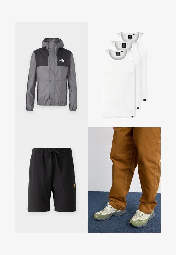 Ūdensnecaurlaidīga jaka pelēkā krāsā ar melniem akcentiem, ar kapuci, spiedpogām un regulējamu apakšmalu, izgatavota no viegla materiāla.; Trīs baltas ribotas krūšturi, kas izgatavoti no kokvilnas. Iezīmēti ar apaļu kakla izgriezumu un maziem melniem etiķetēm tuvu apakšmalai. Pieejami vairākos izmēros.; Melnas šortas ar elastīgu jostu un auklu. Iezīmētas ar sānu kabatu un mazo logotipu sarkanā un dzeltenā krāsā apakšējā kreisajā pusē.; Gaiši zaļi un pelēki sporta apavi ar sieta un sintētiskiem materiāliem, ar baltām auklām un tekstu "1000" sānos. Brūnas bikses ar baltu izšuvumu.