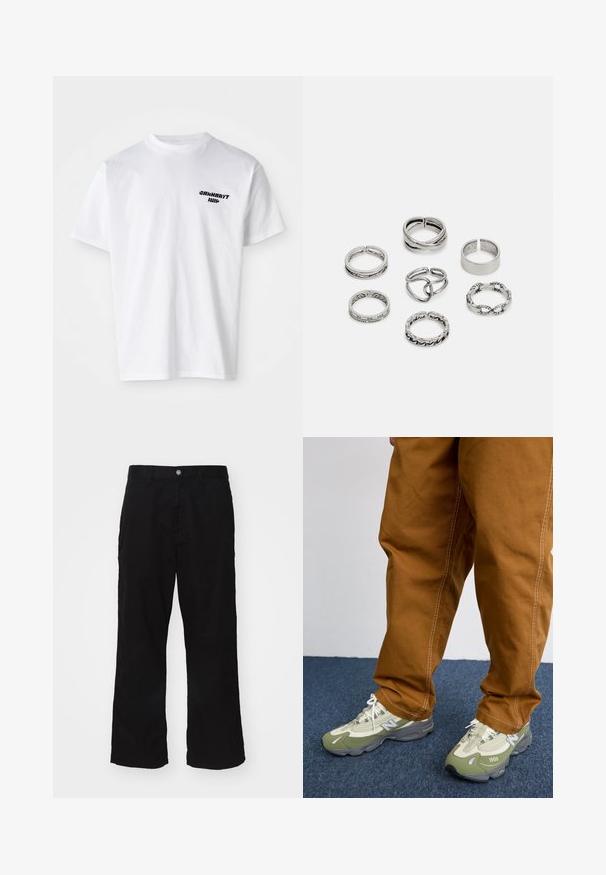 Vedenkestävä takki harmaana mustilla yksityiskohdilla, jonka varustukseen kuuluu huppu, napit ja säädettävä helma, valmistettu kevyestä kankaasta.; Valkoinen puuvillainen t-paita, jossa on pyöreä kaula-aukko. Musta teksti-logo vasemmassa rintakappaleessa. Lyhyet hihat, rento istuvuus ja pehmeä rakenne.; Mustat leveälahkeiset housut, jotka on valmistettu puuvillasekoitekankaasta. Housuissa on nappikiinnitys ja suora leikkaus, jossa näkyvät saumat ovat minimaaliset.; Vihreät ja harmaat urheilukengät, joissa on verkkokangas ja synteettiset materiaalit, valkoiset nauhat ja "1000"-teksti sivussa. Ruskeat housut, joissa on valkoista ommelta.; Setti seitsemän hopeasormusta, joissa on erilaisia muotoiluja, kuten kierrettyjä, linkitettyjä ja kaiverruksilla varustettuja kuvioita. Eri muotoja ja leveydet.