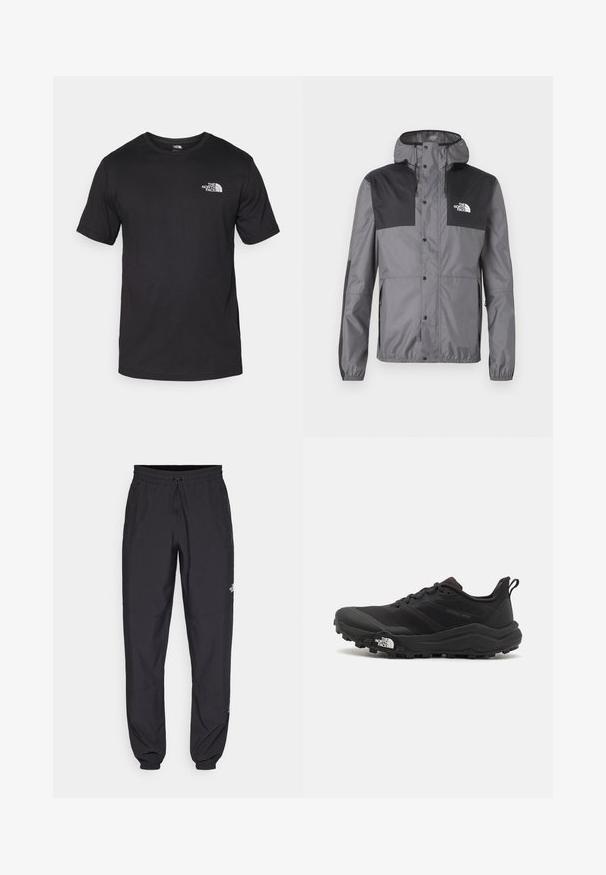 Vodoodporna jakna v sivi barvi z črnimi detajli, ki ima kapuco, zaponke na pritiskanje in nastavljiv spodnji del, narejena iz lahkega materiala.; Črna kratko sleeved majica iz bombaža, s krožnim izrezom in majhnim belim logotipom na zgornjem levem delu prsnega koša.; Črne atletske hlače iz lahkega materiala, ki imajo elastični pas z vezalko, stranske žepe in zožene manšete na gležnjih.; Črne tekaške čevlje za trail s teksturirano zgornjega dela, gumijastim podplatom in ojačanim zaključkom prstov. Vključuje oblazinjen ovratnik in zanko za enostavno obuvanje.