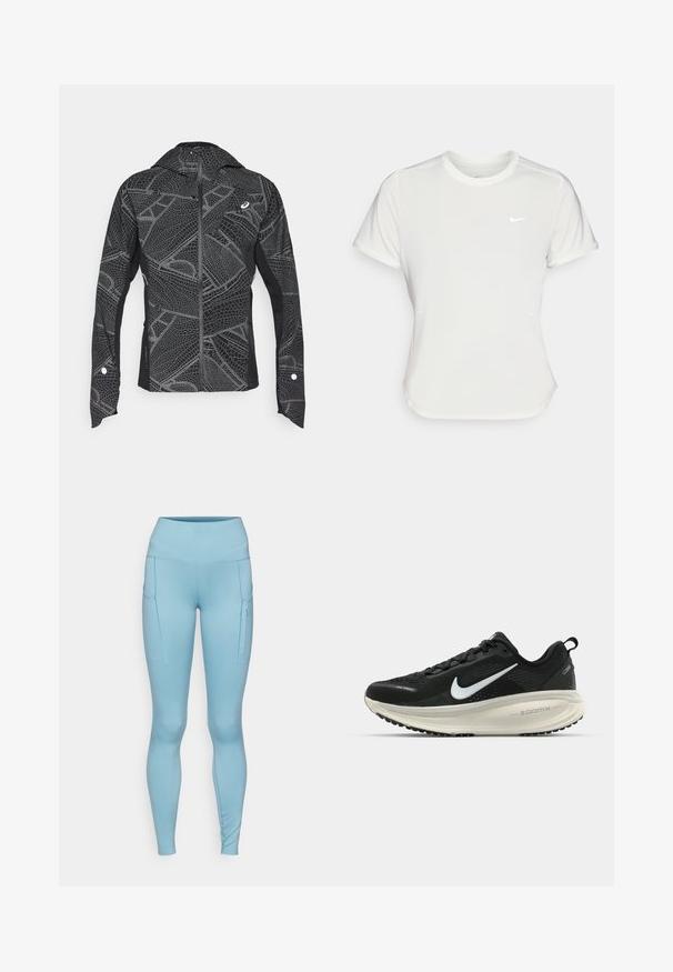 Musternine musta spordijakk, millel on peegeldav geomeetriline muster, voolujooneline disain, täispikk tõmblukk eest ning kood. Omab taskuid ja mansettide aksessuaare.; Nike T-särk valgetes toonides, lühikeste varrukatega, ümar kaelus, valmistatud siledast ja kergest kangast. Rinnal on peene logo.; Kerged sinised retuusid kõrge vöökohtaga, millel on kaks küljetaskut ja sile, veniv kangas. Kujunduses on peened stitchingu detailid.; Musthave mustus Nike jooksujalats, millel on hingav võrgust ülemine osa, valge swoosh logo, tekstuuriga detailid ja kreemja värvusega ZoomX vahevöö.