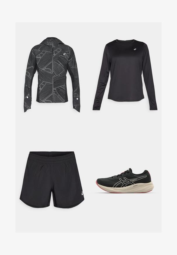 Sort atletisk jakke med reflekterende geometrisk mønster, slankt design, fuld lynlås foran og hætte. Har lommer og manchetter med accenter.; Sort langærmet atletisk skjorte lavet af letvægtsstof. Har en rund halsudskæring og et lille logo på brystet. Glat tekstur.; Sorte atletiske shorts med elastisk talje, glat tekstur og diskrete sideslidser. Har et lille hvidt logo nederst til højre.; Sort løbesko med mesh-overdel og hvide detaljer. Har en polstret mellemsål og røde ydersåledetaljer. Letvægtsdesign.