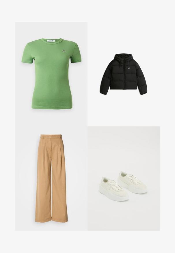 Casaco puffer cropped preto com capuz, apresentando fecho de correr, punhos elásticos e um pequeno logótipo do lado esquerdo da frente.; Camiseta verde canelada de algodão, com mangas curtas, decote redondo e pequeno logótipo bordado no peito.; Calças largas em algodão bege, com pregas na cintura, de cintura alta e com uma textura suave. Sem hardware visível ou padrões.; Sapatilhas brancas de cano baixo com solas grossas e atacadores, apresentando detalhes perfurados nas laterais e na área do dedo do pé, exibidas sobre um fundo branco.