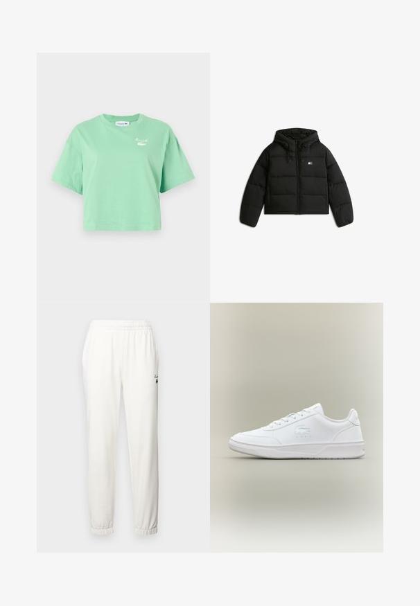 Černá zkrácená péřová bunda s kapucí, s zipovým zapínáním, elastickými manžetami a malým logem na levé přední straně.; Mátově zelené zkrácené tričko vyrobené z bavlny, s krátkými rukávy a kulatým výstřihem. Na hrudi se nachází bílé logo Lacoste.; Bílé tepláky s elastickým pasem, přiléhavými manžetami a malým zeleným logem na levém stehně. Vyrobené z měkkého, strukturovaného materiálu.; Bílé tenisky s hladkým materiálem, zaoblenou špičkou, šněrováním, decentním logem na boku a texturovanou podrážkou.