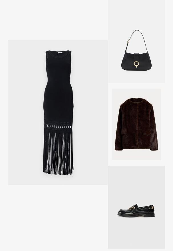 Rjav umetni krzneni jopič z okroglo odprtino, odprtim sprednjim delom in dvema stranskima žepoma; mehak tekstura z gladkim zaključkom.; sandro ROBE MIDI BAS BIJOUX FRANGES - Koktajl obleka/za zabavo - noir; Črne usnjene loferice z debelim sijajem, opremljene z dvema zlatima zaponkama in nizko peto. Gladka tekstura z zaobljeno obliko prstov.; Črna usnjena torbica s ukrivljeno silhueto, kratkim ročajem, centralno zlatim okrasom in gladko teksturo. Brez vidnih vzorcev ali dodatkov.