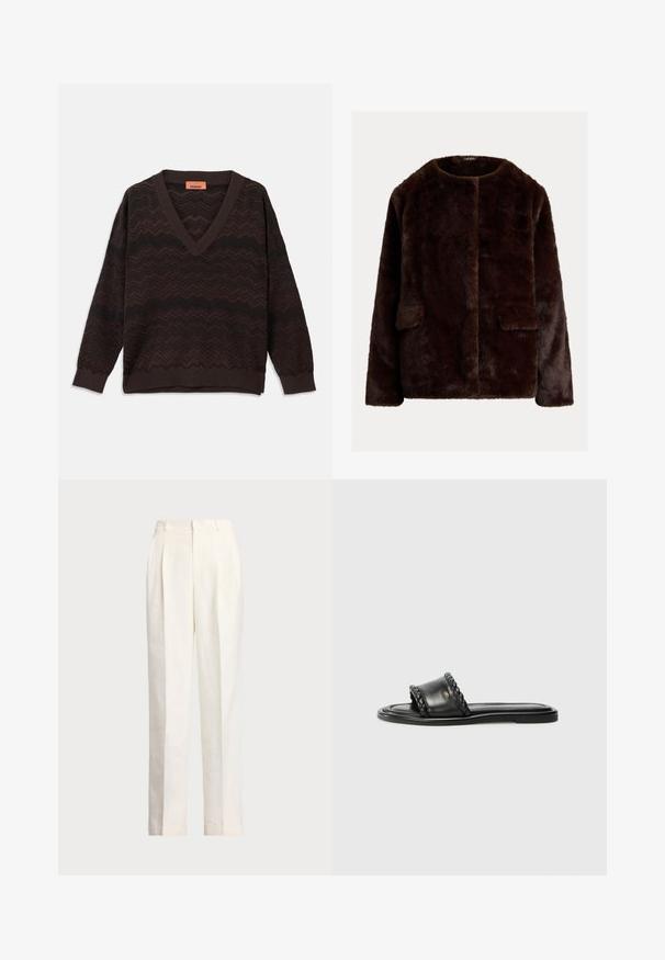 Brązowa kurtka z sztucznego futra z okrągłym dekoltem, otwartym przodem i dwiema bocznymi kieszeniami; miękka tekstura o gładkim wykończeniu.; Ciemnobrązowy sweter w serek z czarnym wzorem w zygzaki i ściągaczami przy mankietach oraz dolnym brzegu, leżący na płasko na białym tle.; Polo Ralph Lauren - Spodnie materiałowe; Czarna skórzana sandał z plecionym paskiem, płaską podeszwą i eleganckim wzornictwem. Gładka tekstura i minimalistyczny profil.