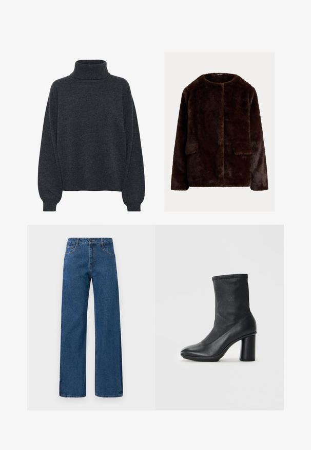 Giacca in pelliccia sintetica marrone con scollatura tonda, apertura frontale e due tasche laterali; texture morbida con finitura liscia.; Gestuz MANZI ROLLNECK - Maglione - deep graphite; Jeans a vita alta blu, con gamba larga, tasche frontali e posteriori, chiusura con bottone e cuciture visibili su sfondo bianco.; Stivale in pelle nero a metà polpaccio con punta rotonda e tacco largo alto, mostrato su uno sfondo grigio chiaro uniforme.