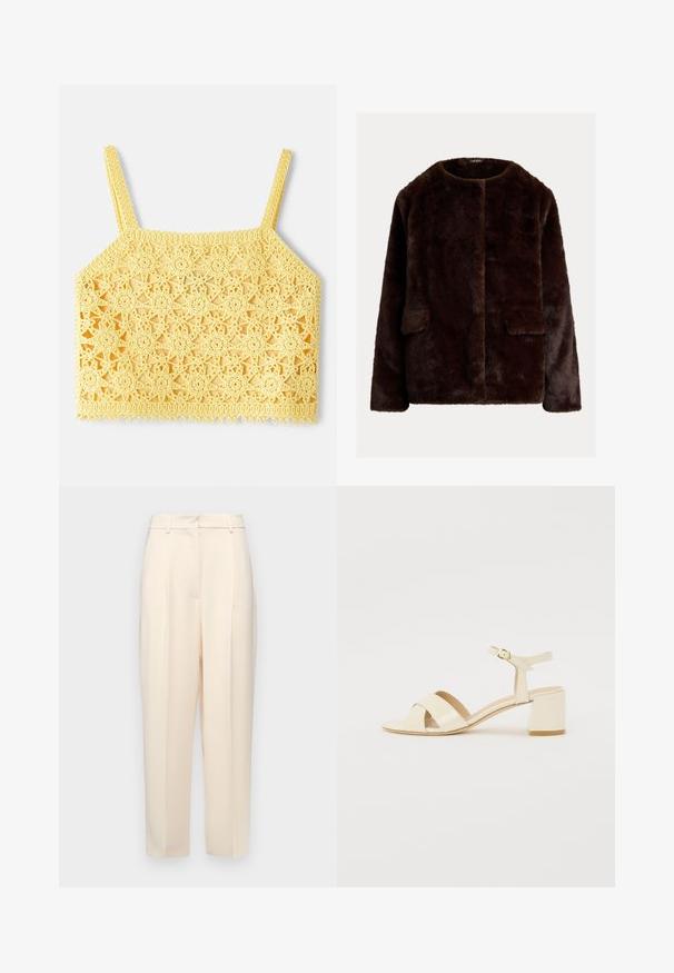 Veste en fausse fourrure marron avec un col rond, ouverture à l'avant et deux poches latérales ; texture douce avec une finition lisse.; Top court au crochet jaune avec un motif en dentelle florale délicate, présentant des bretelles fines et ajustables ainsi qu'un ourlet à vagues.; Pantalons beiges ajustés à coupe droite, avec des plis à l'avant, une texture lisse et une taille mi-haute. Pas de poches visibles.; Sandales à talons en cuir verni beige avec un design à brides croisées, bout ouvert, bride de cheville réglable et un talon carré. Texture lisse.