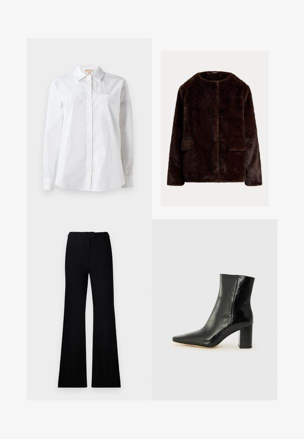 Hnedý umelý kožušinový kabát s okrúhlym výstrihom, otvoreným predným dielom a dvoma bočnými vreckami; mäkká textúra s hladkým povrchom.; Biela košeľa s dlhým rukávom vyrobená z bavlny. Má klasický golier, predné zapínanie na gombíky a jednu náprsné vrecko. Hladká textúra.; Čierne rozšírené nohavice s hladkou textúrou, prispôsobeným pásom a prednými vreckami, navrhnuté s elegantnou, modernou siluetou.; Čierne členkové čižmy vyrobené z lesklej kože s špicatou špičkou a robustným štvorcovým podpätkom. Majú hladkú textúru a minimalisti design.