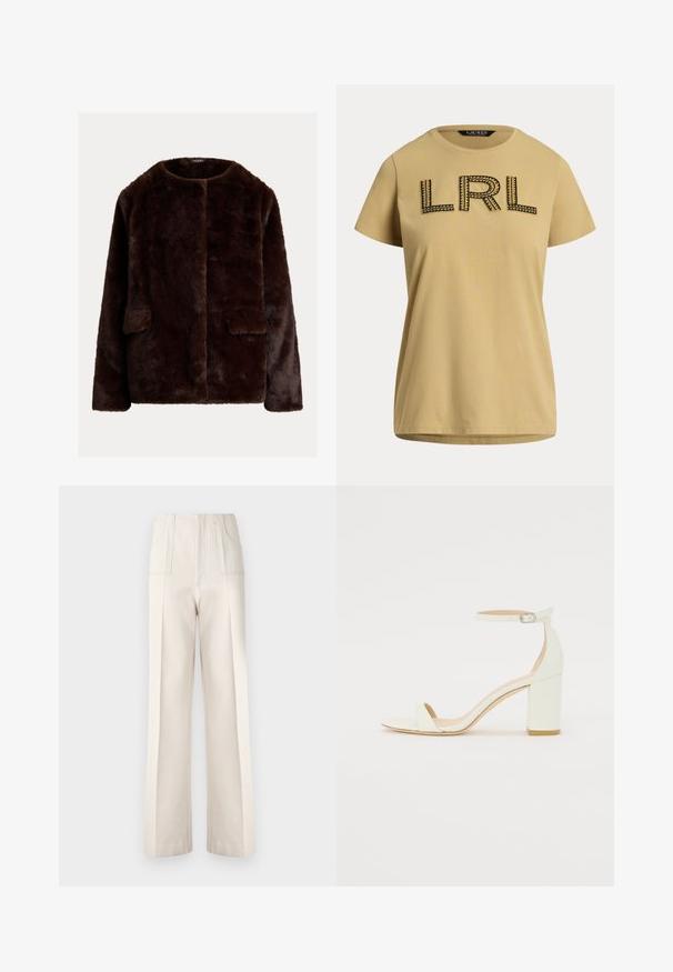 Brun fuskpälsjacka med rund halsringning, öppen front och två sidofickor; mjuk textur med en slät finish.; Kortärmad, senapsgul t-shirt i bomull med svart broderad "LRL"-logotyp och dekorativa sömnadsdetaljer. Standard rund halsringning.; Beiga vida byxor med hög midja, två framfickor och synliga sömmar. Tillverkade av ett mjukt, lätt material.; Vit läder blockklack-sandalett med en ankelrem och spänne samt minimalistisk design. Öppen tå och släta ytor genomgående.