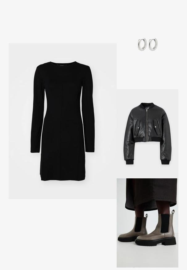 Black cropped bomber jacket made of textured leather with ribbed cuffs, featuring two flap pockets and a front zipper closure.; Black long-sleeve dress made of ribbed fabric. Features a fitted silhouette, round neckline, and central seam detail.; Gray ankle boots made of textured leather with elastic side panels and a chunky black sole. Features pull tabs for easy wear.; Silver hoop earrings with a polished finish, featuring a circular design and seamless hinges, displaying a smooth texture.