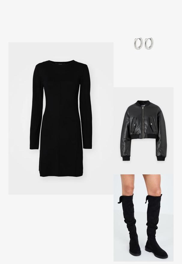 Crna skratena bomber jakna izrađena od teksturirane kože sa rebrastim manžetama, koja ima dva džepa s preklopom i zatvaranje na prednjem dijelu pomoću patentnog zatvarača.; Crna haljina dugih rukava od rebraste tkanine. Ima uski kroj, okrugli izrez i središnji detalj šava.; Crne zamšaste čizme do koljena s mekanim materijalom, ležernim dizajnom, zaobljenim vrhom, ravnim potplatom i bočnim zatvaračem za lako oblačenje.; Srebrne kružne naušnice s poliranim završetkom, koje imaju kružni dizajn i bešavne šarke, prikazujući glatku teksturu.