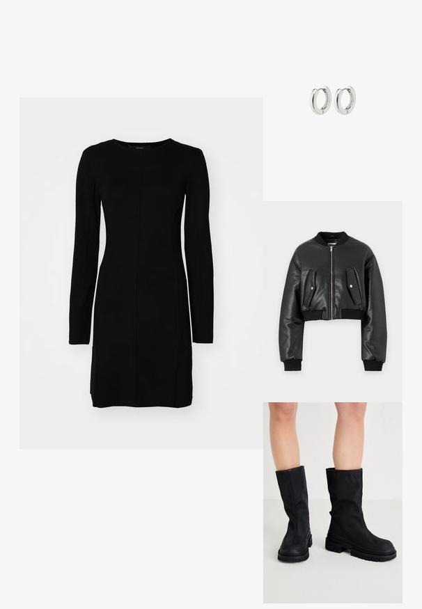 Crna skratena bomber jakna izrađena od teksturirane kože sa rebrastim manžetama, koja ima dva džepa s preklopom i zatvaranje na prednjem dijelu pomoću patentnog zatvarača.; Crna haljina dugih rukava od rebraste tkanine. Ima uski kroj, okrugli izrez i središnji detalj šava.; Crne čizme do koljena napravljene od glatkog tekstilnog materijala s debelim gumiranim potplatom, s minimalističkim dizajnom i suptilnim detaljima šivanja.; Srebrne kružne naušnice s poliranim završetkom, koje imaju kružni dizajn i bešavne šarke, prikazujući glatku teksturu.