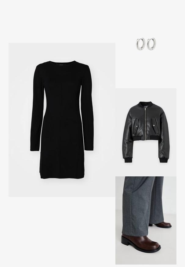 Black cropped bomber jacket made of textured leather with ribbed cuffs, featuring two flap pockets and a front zipper closure.; Black long-sleeve dress made of ribbed fabric. Features a fitted silhouette, round neckline, and central seam detail.; RAID TAILORR - Cowboy/Biker boots - brown; Silver hoop earrings with a polished finish, featuring a circular design and seamless hinges, displaying a smooth texture.