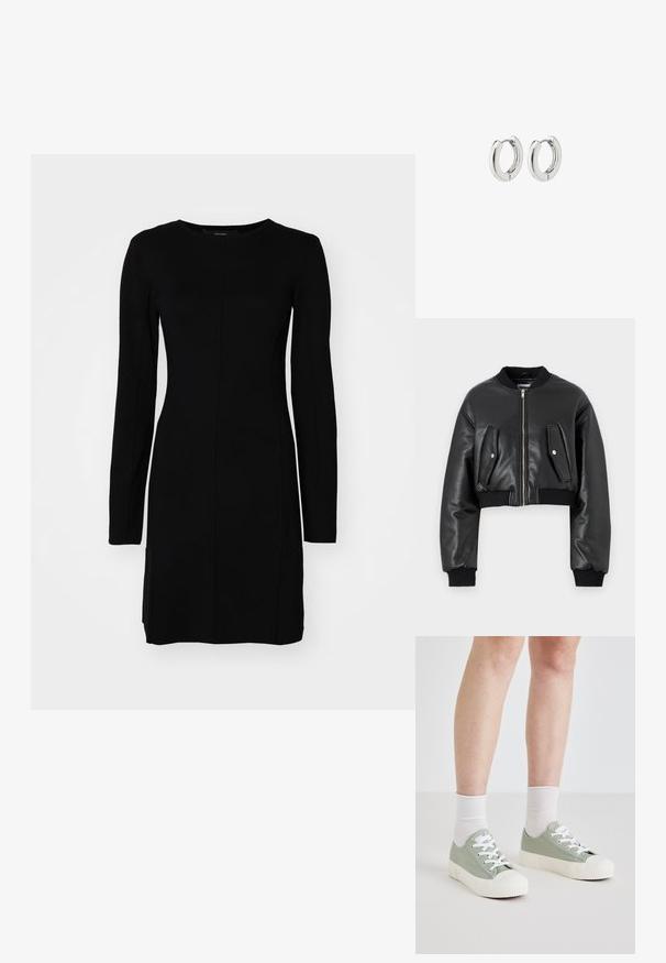 Must lõhustatud bomber-jakk, mis on valmistatud tekstureeritud nahast, ribidega varrukatega. Ees on kaks klapp-taskut ja tõmbluku sulgemine.; Must have käsi ja pikkade varrukatega kleit, mis on valmistatud ribakangast. Omab vormitud siluetti, ümarat kaelust ja keskmist õmblust.; Heledad hall roheline kanvasjalatsid valgete kummitaldade ja lakkudega. Omab ümarat varbaosa ja tekstureeritud valget tallatoetust. Kaasas on valged sokid.; Hõbedased rõngassüstid läikiva viimistlusega, millel on ümmargune disain ja sujuvad hinged, mis näitavad sileda tekstuuri.