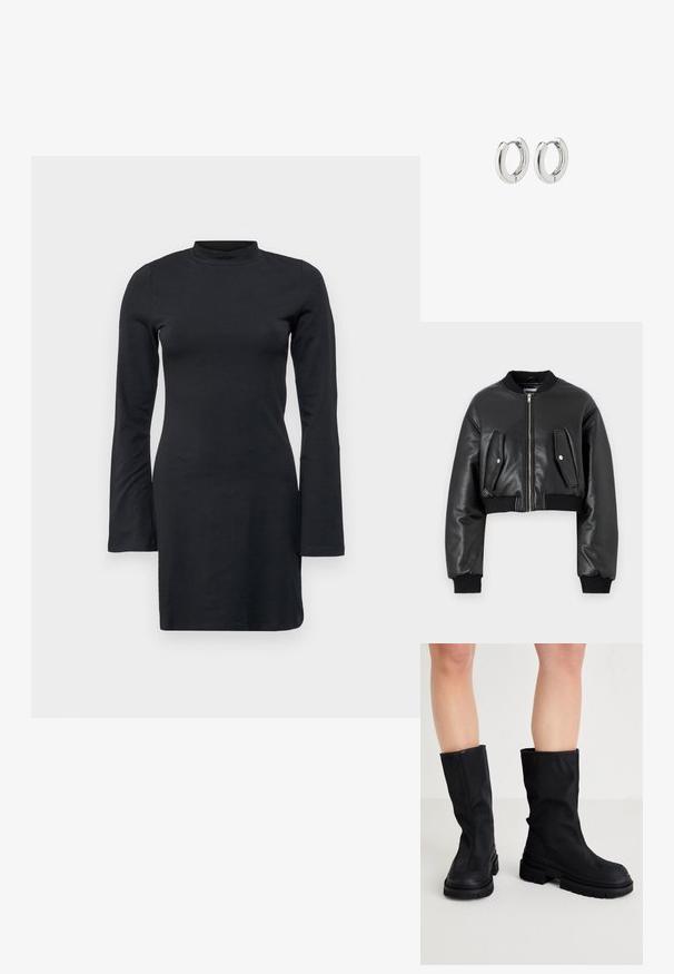 Črna kratka bomber jakna iz teksturirane usnjene tkanine z rebrastimi manšetami, ki vključuje dva žepa s poklopcem in zadrgo na sprednji strani.; Črna dolga obleka z dolgimi rokavi in prsnim ovratnikom, ki je ozkega kroja in doseže do kolen, narejena iz gladkega, raztegljivega materiala. Brez vidnih vzorcev ali poudarkov.; Črne škornje do kolen iz gladkega tekstilnega materiala z debelim gumijastim podplatom, ki se odlikujejo po minimalističnem dizajnu in diskretnih šivih.; Srebrni obročasti uhani s poliranim finišom, ki se ponašajo s krožno zasnovo in brezšivnimi tečaji ter gladko teksturo.