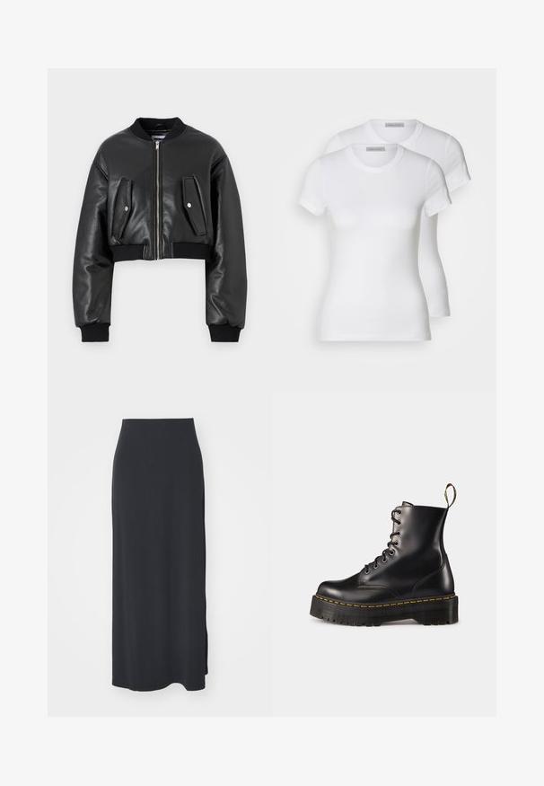 Jachetă bomber neagră scurtă, realizată din piele texturată, cu manșete ribbate, având două buzunare cu clapetă și închidere cu fermoar în față.; Două tricouri albe din bumbac, cu mâneci scurte, guler rotund și o siluetă ajustată, având o textură netedă și un design minimalist.; Weekday SIGNE DRAPY SKIRT - Fustă în formă de A - black; Botine din piele neagră, cu șireturi, până la gleznă, cu o talpă chunky neagră și cusături galbene. Dispune de o etichetă de tragere la spate și orificii metalice circulare.