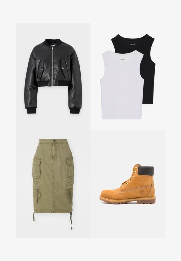 Černá zkrácená bomber bunda vyrobená z texturované kůže s elastickými manžetami, má dvě klopové kapsy a přední zipové zapínání.; Dvě bezramínková trička v černé a bílé barvě, vyrobená z žebrované bavlny, s kulatými výstřihy a přiléhavým střihem. Obojí má viditelné štítky.; Alpha Industries MULTIPOCKET SKIRT - Denimová sukně - olive; Hnědá kožená kotníková bota s černým polstrováním, zlatými očky a texturovanou podrážkou. Obsahuje kruhové logo po boku a akcenty v podobě prošívání.
