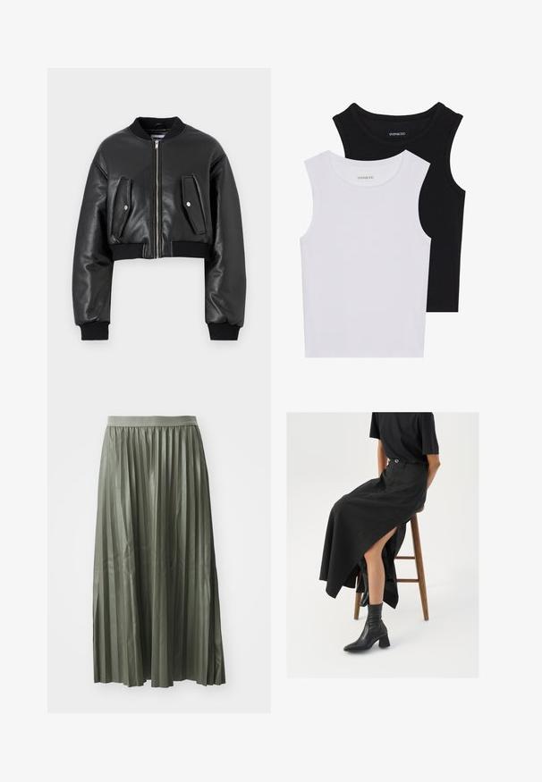 Svart cropped bomberjakke laget av teksturert skinn med ribbede mansjetter, har to klafflommer og en glidelås foran.; To skjortetopper uten ermer i svart og hvitt, laget av ribbestrikket bomull, med rund hals og en tettsittende design. Merker synlige på begge.; Plisserte midiskjørt i dempet grønn, laget av blankt stoff. Har en elastisk midje og faller til midten av leggen med jevnt fordelt vertikale plisseringer.; Svart lin maxi skjørt med høyt splitt, brukt med en svart t-skjorte og svarte ankelstøvler. Minimalistisk design med avslappet passform.
