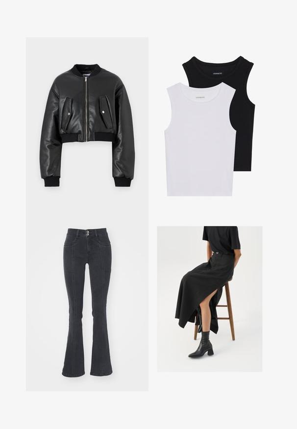 Black cropped bomber jacket made of textured leather with ribbed cuffs, featuring two flap pockets and a front zipper closure.; Two sleeveless tops in black and white, made of ribbed cotton, featuring round necklines and a fitted design. Labels visible on both.; Black flared jeans made of denim, featuring a high waist, two front pockets, and two back pockets, with visible stitching details.; Black linen maxi skirt with a high slit, worn with a black t-shirt and black ankle boots. Minimalistic design with a relaxed fit.