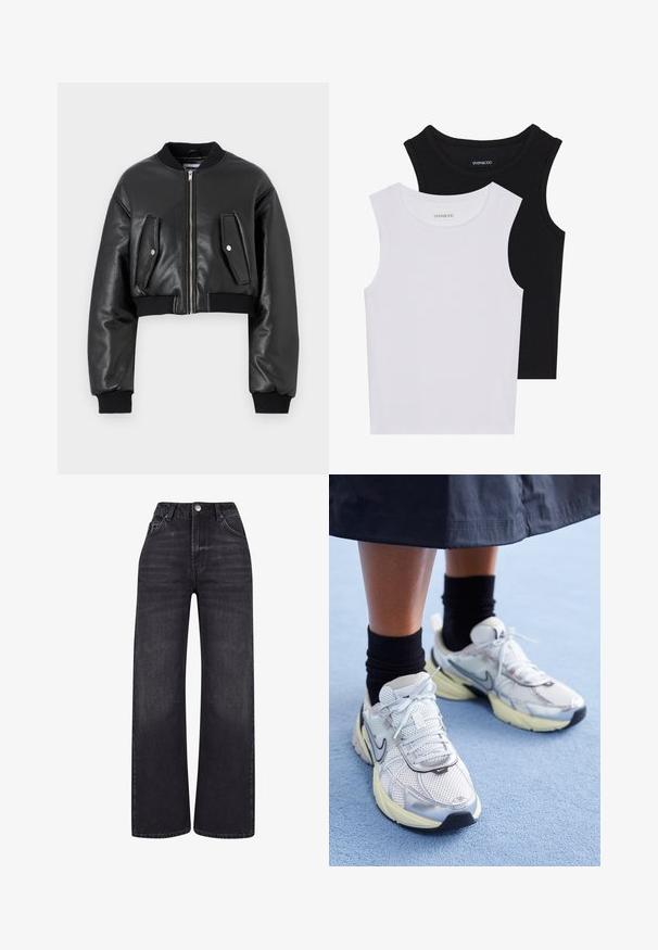 Czarna krótka kurtka bomberka z teksturowanej skóry z ribbowymi mankietami, z dwiema kieszeniami na klapie i zapięciem na suwak z przodu.; Dwie bezrękawniki w kolorze czarnym i białym, wykonane z prążkowanej bawełny, z okrągłymi dekoltami i dopasowanym fasonem. Widoczne etykiety na obu.; 2Y Studios - Wide leg; Białe i srebrne sneakersy Nike z siateczkowym materiałem, odblaskowymi akcentami i beżową podeszwą. Noszone z czarnymi skarpetkami, stojące na niebieskiej powierzchni.