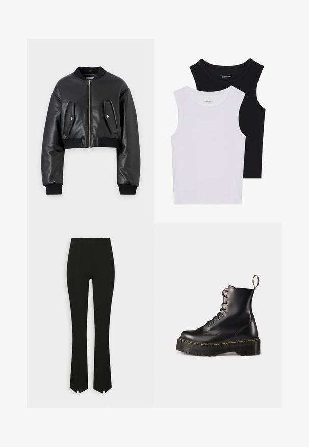 Veste bomber cropped noire en cuir texturé avec des poignets côtelés, équipée de deux poches à rabat et d'une fermeture éclair à l'avant.; Deux hauts sans manches en noir et blanc, en coton côtelé, avec des encolures rondes et une coupe ajustée. Étiquettes visibles sur les deux.; Pantalons évasés noirs avec une texture côtelée, dotés de fentes sur les côtés à l'ourlet et d'une taille haute. Tissu lisse sans embellissements visibles.; Bottes chelsea en cuir noir avec lacets, à semelle épaisse noire et couture jaune. Comprend une anse à l'arrière et des œillets en métal circulaires.