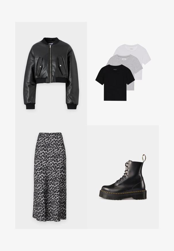 Jachetă bomber neagră scurtă, realizată din piele texturată, cu manșete ribbate, având două buzunare cu clapetă și închidere cu fermoar în față.; Set de trei tricouri cu mâneci scurte, în negru, gri și alb. Fabricate din bumbac, cu guler rotund și un design simplu, de culoare uniformă.; Fustă maxi cu imprimeu leopard, realizată dintr-un material fin și ușor. Prezintă un brâu elastic și o siluetă fluidă care se extinde până la gleznă.; Botine din piele neagră, cu șireturi, până la gleznă, cu o talpă chunky neagră și cusături galbene. Dispune de o etichetă de tragere la spate și orificii metalice circulare.