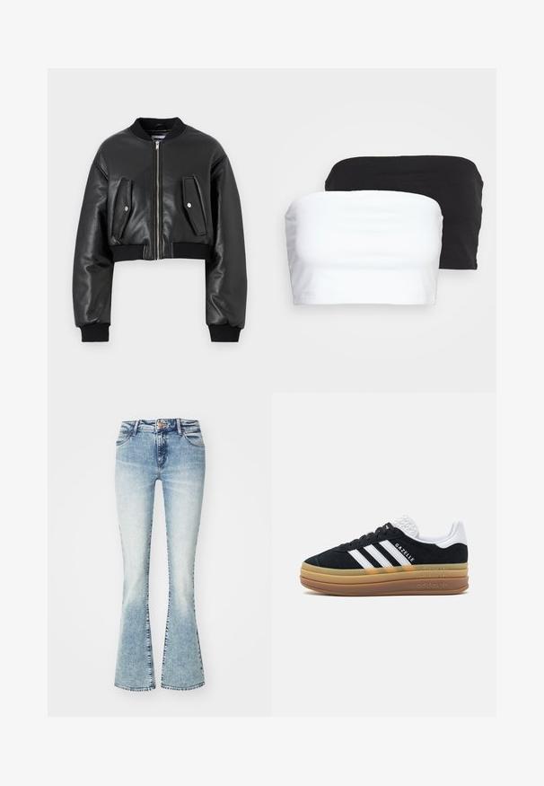 Casaco bomber preto cropped feito de couro texturizado com punhos canelados, apresentando dois bolsos com aba e fecho frontal com zíper.; Dois tops cropped sem alças em preto e branco, feitos de um tecido de algodão stretch. Textura suave com um design simples e sem costuras visíveis.; Wrangler BOOTCUT - Calças de ganga bootcut - iceberg blue; Sapatilha de camurça preta com detalhes brancos e três riscas, apresentando um calcanhar branco texturizado, sola de borracha e a marca "Gazelle".