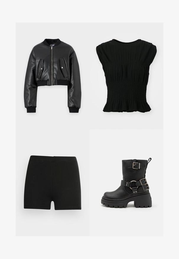 Must lõhustatud bomber-jakk, mis on valmistatud tekstureeritud nahast, ribidega varrukatega. Ees on kaks klapp-taskut ja tõmbluku sulgemine.; Must matte lühikeste varrukatega pluus, mis on valmistatud tekstuuriga kangast, hõivatud smokkidega vöökohal ja volangiga alläär. Ümmargune kaelus.; Mustast puuvillast lühikesed püksid, millel on sobiv disain ja elastne vöökoht. Sile tekstuur, reie keskosa pikkus ja ilma nähtavate mustrite või aktsentideta.; Musta nahkne pahkluu saabas jämeda tallaga, sangade ja rihmade aktsentidega ning tekstureeritud viimistlusega. Omab tõmbeaasat mugavaks selga panekuks.