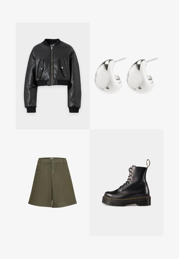Chaqueta bomber corta negra hecha de cuero texturizado con puños acanalados, que cuenta con dos bolsillos con solapa y un cierre frontal con cremallera.; Camiseta de manga corta y cuello redondo en color topo, hecha de algodón suave. Presenta un diseño ajustado y costuras finas a lo largo del dobladillo y las mangas.; Pantalones cortos verde oliva fabricados con tela texturizada, con un diseño de pierna ancha, bolsillos frontales y una cinturilla sin costuras para un aspecto ajustado.; Botas de tobillo negras de cuero con cordones, con una suela negra gruesa y costuras amarillas. Presentan una lengüeta en la parte trasera y ojales metálicos circulares.; Pendientes de plata en forma de tuerca con un diseño liso y curvado. Cuentan con un acabado pulido y un cierre de presión para un uso seguro.