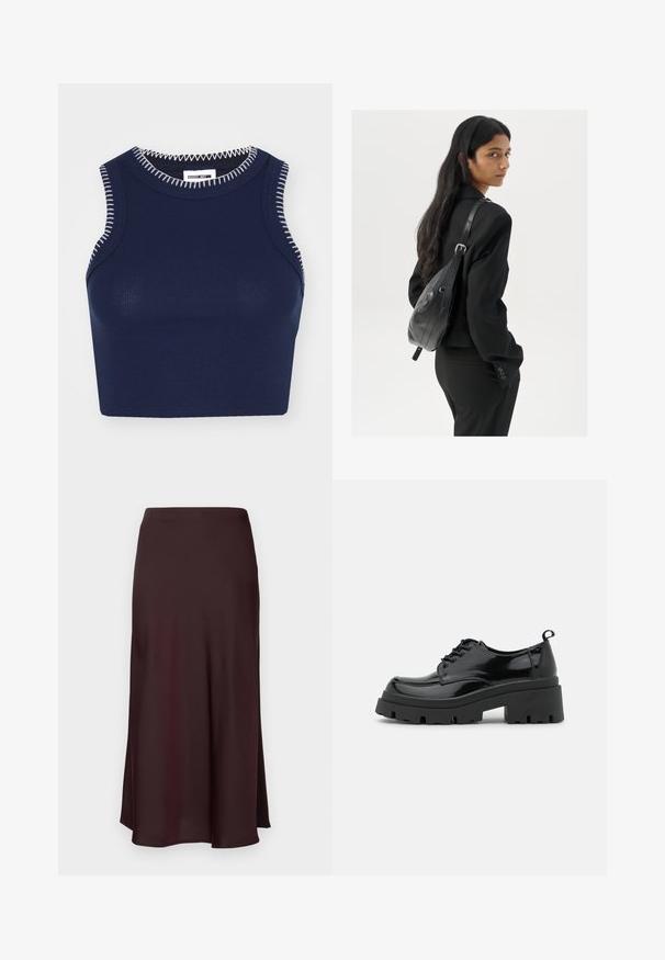 Juodas trumpas aviacijos tipo švarkas, pagamintas iš tekstūruotos odos, su raištiniais rankogaliais, turintis dvi užklotines kišenes ir priekinį užtrauktuką.; Jūrinis juostelės formos marškinėliai su apvalia iškirpte, su kontrastinėmis baltomis siūlėmis aplink kraštus ir be rankovių.; Bordo satino midi sijonas su lygiu paviršiumi, tiesiu siluetu ir šiek tiek platėjančiu apmušalu. Nėra matomų raštų ar detalių.; Juodos lakinės odos bateliai su storu platformos padu ir storomis raištelėmis. Suapvalinta nosis, minimalus dekoravimas ir mažas kulno žymeklis nugaros pusėje.; Moteris su ilgais tamsiais plaukais, vilkinti juodą kostiumą, nešanti juodą odinę rankinę per petį, žvelgia per petį prieš balto fono.; Aukso auskarai su lygiu, blizgiu paviršiumi. Apvalus dizainas su maža užrakto dalimi ir skaidria atrama saugiam nešiojimui.