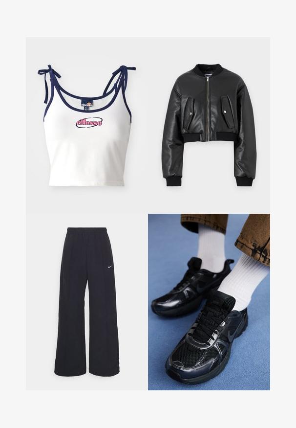 Sort cropped bomberjakke lavet af struktureret læder med ribbede manchetter, der har to klaplommer og en lynlås foran.; Hvid kort top med marineblå stropper, med det broderede logo "ellesse" i pink. Glat stof, justerbare knytninger ved skuldrene.; Sorte brede bukser med elastisk talje og et lille hvidt Nike-logo. Stoffet har en glat tekstur, designet til komfort og afslappet brug.; Sorte Nike sportssko har en mesh-overdel med blanke detaljer, sorte snørebånd og en struktureret sål. Sammen med hvide ribbet sokker.