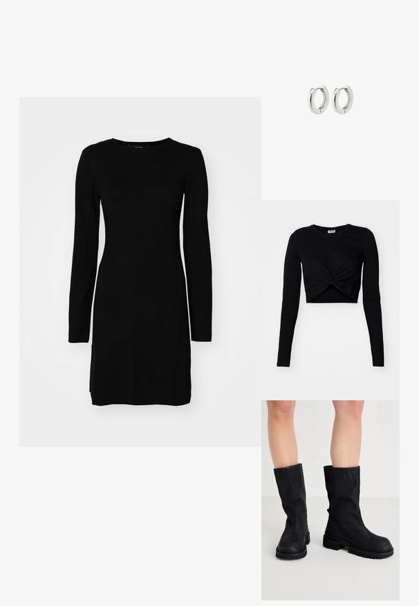 Melnā īsā bomberjakā, izgatavotā no teksturētas ādas, ar ribotiem piedurkņu galiem, divām kabatām ar atloku un priekšējo rāvējslēdzēju.; Melna īsā krekla ar garām piedurknēm, kas izgatavots no mīkstas auduma, ar pagrieztu priekšu un apaļu dekoltē, kā arī pieguļošām piedurknēm.; Melna garām piedurknēm kleita, kas izgatavota no ribota auduma. Iezīmēta ar pieguļošu siluetu, apaļu kakla izgriezumu un centrālo šuvju detaļām.; Melnas ceļgala augstuma zābaki, izgatavoti no gludas auduma materiāla ar biezu gumijas zoli, ar minimālistisku dizainu un diskrētām šuvēm.; Sudraba apli auskari ar spīdīgu apdari, kuriem ir apaļa forma un bezšuvju eņģes, rādot gludu virsmu.