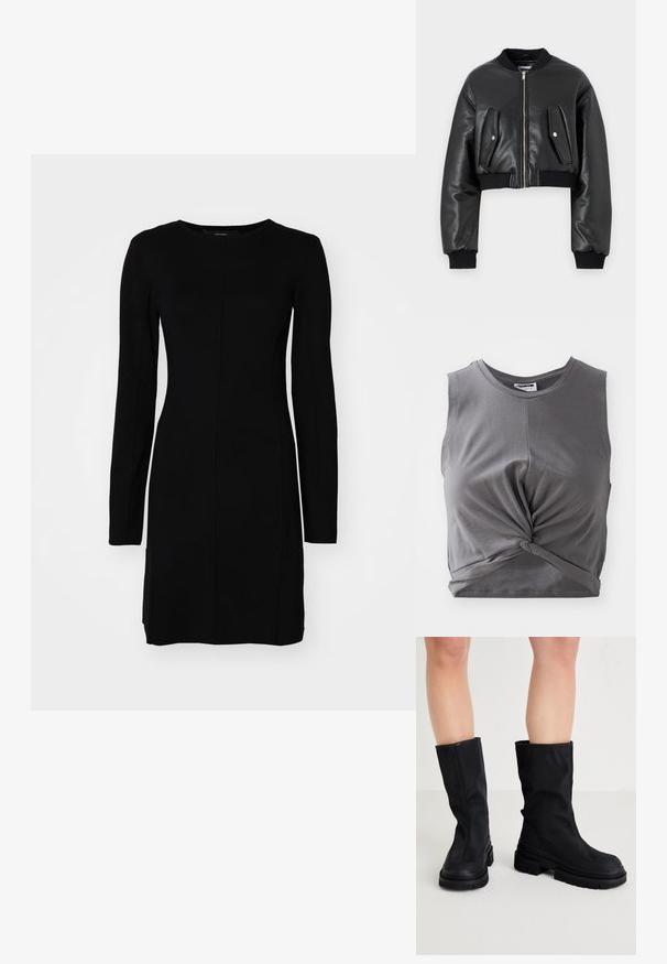 Casaco bomber preto cropped feito de couro texturizado com punhos canelados, apresentando dois bolsos com aba e fecho frontal com zíper.; Top cropped cinza sem mangas feito de algodão suave, apresentando um detalhe torcido na parte da frente e um design justo. Textura suave com decote redondo.; Vestido preto de mangas longas feito de tecido canelado. Apresenta uma silhueta ajustada, decote redondo e detalhe de costura central.; Botas pretas até ao joelho feitas de um material têxtil liso com uma sola de borracha grossa, apresentando um design minimalista e detalhes de costura subtis.