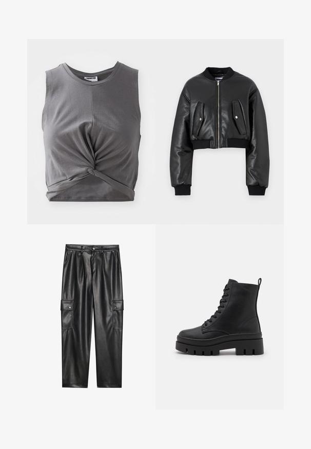 Fekete, rövidített bomber dzseki textúrált bőrből, bordás mandzsettákkal, két hajtókás zsebbel és elülső cipzáras záródással.; Szürke, ujjatlan crop top, puha pamutból, csavart első résszel és testhez álló fazonnal. Simább textúra, kerek nyakkivágással.; Fekete műbőr cargo nadrág magas derékkal, két oldalsó zsebbel és két gombos cargo zsebbel a combokon. Simaság és szabott kialakítás jellemzi.; Even&Odd Wide Fit Platform bokacsizmák - black