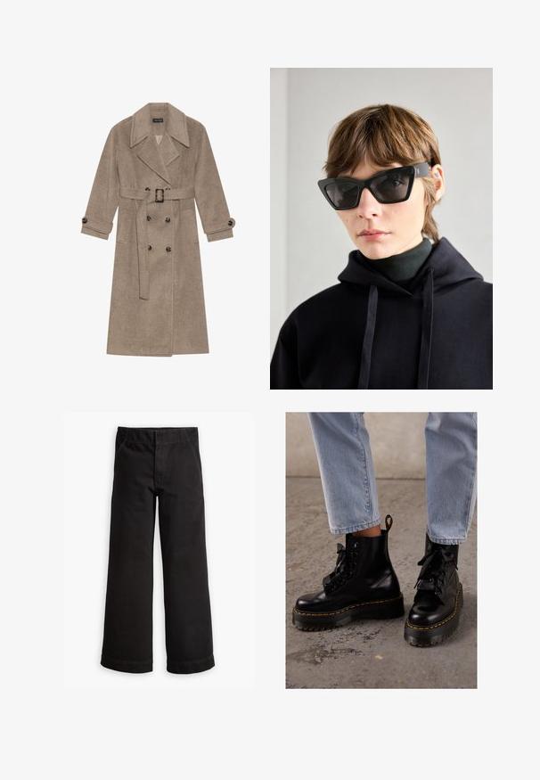 Palton din lână bej, cu un amestec de materiale, cu un front cu butoni dubli, guler mare și curea ajustabilă. Prezintă manșete cu butoane și buzunare laterale.; Tricou scurt din bumbac negru, cu guler rotund și mâneci scurte. Prezintă o croială lejeră și un design simplu, fără ornamente.; Pantaloni negri din bumbac cu un design cu picior larg, având un brâu elastic, buzunare frontale și manșete la glezne.; Botine negre din piele, cu talpa groasă, vârf rotund, șireturi din panglică, cusături galbene și o bucată textilă la spate pentru a le trasa.; Ochelari de soare cat-eye negri cu lentile întunecate, având un design îndrăzneț și unghiular. Confecționați din plastic neted cu o finisare lucioasă și accente cu logo.