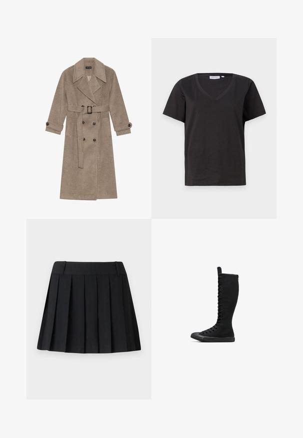 Trench coat em mistura de lã bege com frente de duplo fecho, grande colarinho e cinto ajustável. Apresenta punhos abotoados e bolsos laterais.; T-shirt de algodão preto com decote em V e mangas curtas. Design simples com um corte regular e sem padrões ou detalhes.; Saia plissada preta com cintura ajustada, feita de tecido leve. Apresenta pregas uniformemente espaçadas e um design simples e clean.; Botas caneleiras pretas de lona com bico arredondado, fecho de zíper e atacadores à frente. Apresentam uma superfície texturizada e sola de borracha.