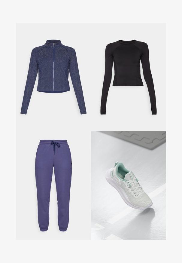 Námornícka zipsová bunda s vysokým golierom. Vyrobená z texturovanej látky s jemným lesklým povrchom. Slim fit strih a dlhé rukávy.; Čierny dlhý rukáv crop top vyrobený z elastického materiálu, s okrúhlym výstrihom a raglánovými rukávmi so jemnými švom.; Fialové tepláky vyrobené z mäkkého materiálu, so elastickým pásom na šnúrku a manžetami na členkoch.; Svetlošedé športové topánky s štruktúrovaným pleteným zvrškom, mätozelenými akcentmi, bielymi šnúrkami, gumovou podrážkou a pútkom na päte.