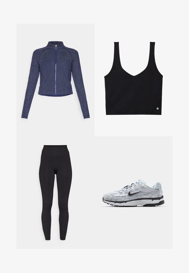 Tummansininen vetoketjullinen takki, jossa on korkea kaulus. Valmistettu teksturoidusta kankaasta, jossa on hienovarainen kimalteleva viimeistely. Muotoiltu malli ja pitkät hihat.; Mustat urheilutopit leveillä olkahihnoilla, V-mallinen kaula-aukko, texturoitu kangas ja logotehostehelmassa. Sileä pinta, minimalistinen tyyli.; Fabletics SEAMLESS HIGH WAISTED LEGGING - Trikoot - black; Nike P-6000 tennarit, joissa on vaaleanharmaa verkkomateriaali, mustia yksityiskohtia ja kestävä musta kumipohja. Ominaisuuksia ovat monimutkainen muotoilu ja nauhoitusjärjestelmä.