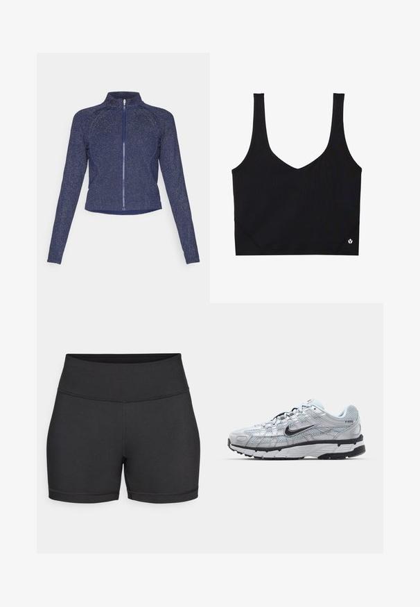 Jachetă zip de culoare bleumarin cu guler înalt. Confecționată dintr-un material texturat cu un finisaj discret strălucitor. Design ajustat și mâneci lungi.; Sutien sport negru cu bretele late, design în formă de V, țesătură texturată și detaliu cu logo la tiv. Finisaj neted, stil minimalist.; Shorts atletici negri, confecționați dintr-un material elastic, având un tiv înalt, cusături plate și o textură netedă, fără modele vizibile.; Tenisii Nike P-6000 cu un upper din plasă gri deschis, accente negre și o talpă din cauciuc negru durabilă. Caracterizează un design complex și un sistem de șireturi sofisticat.