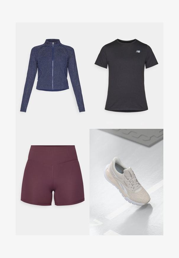 Navy zip jacket with a high collar. Made of textured fabric with a subtle sparkly finish. Fitted design and long sleeves.; Black short-sleeve t-shirt made of soft fabric, featuring a small gray New Balance logo on the upper left chest, classic crew neck design.; Mauve athletic shorts made from stretch fabric, featuring a high waistband and smooth texture with contrasting stitching detail.; Light beige athletic shoe with a perforated upper, textured accents, padded collar, and white rubber sole, designed for comfort and breathability.