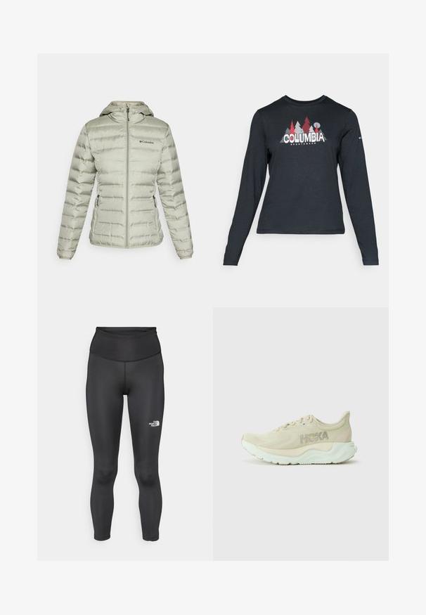 Lys grønn pufferjakke med hette, har horisontalt quiltet tekstur, frontglidelås, to sidelommer, og Columbia-logo på brystet.; Langermet mørkegrå skjorte med grafikk av røde trær og fjell; "COLUMBIA" logo i fet hvit tekst. Mykt stoff, standard rund hals.; Høyt midjebånd svarte leggings laget av et glatt, elastisk stoff. Har et logo på den nedre delen av leggen og en tettsittende ankel lengde.; Lys beige joggesko med en teksturert mesh-overdel, dempet såle og mintgrønn yttersåle. Har Hoka-merke på siden.