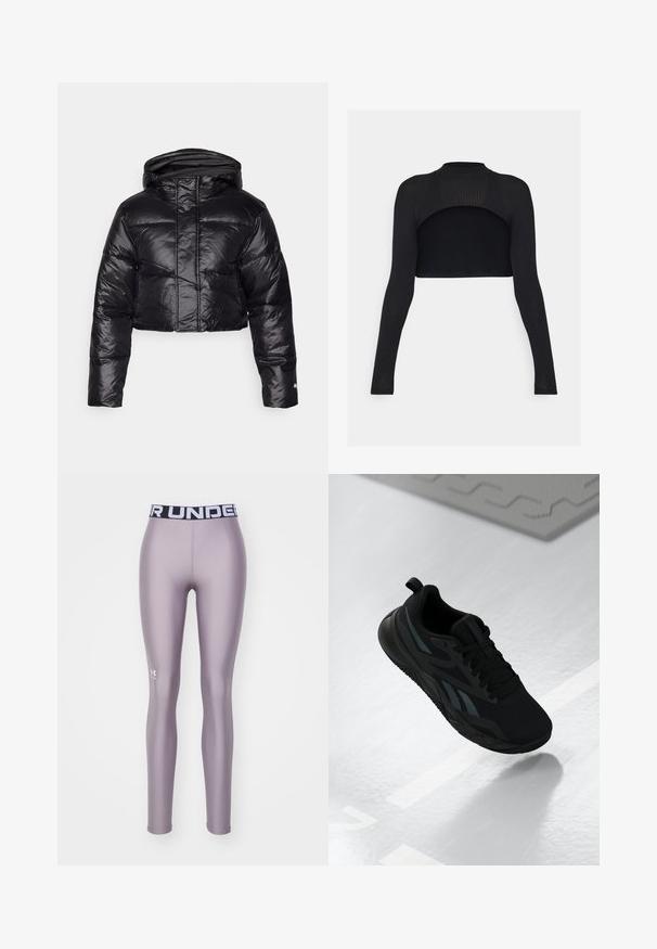 Giacca a vento nera corta con finitura lucida, cappuccio e motivo a quadri orizzontali. Presenta polsini elasticizzati e una zip frontale.; Crop top nero a coste con maniche lunghe, collo alto e design con schiena scoperta. Texture liscia con silhouette aderente.; Leggings di colore viola chiaro, realizzati in materiale liscio ed elastico. Presentano un cintura nera con "UNDER ARMOUR" stampato in bianco. Logo sulla gamba.; Scarpa sportiva nera con tomaia in rete, caratterizzata da accenti testurizzati e una suola piatta. Include un marchio tonale e un passante sul tallone.