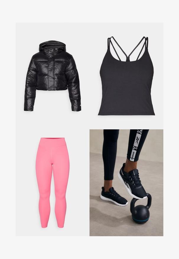 Skrajšano črno napihnjeno jakno s sijočim zaključkom, kapuco in vodoravno quiltano strukturo. Ima elastične manšete in sprednji zadrgo.; Črna majica brez naramnic z ozkimi naramnicami in križnim dizajnom na hrbtu. Narejena je iz mehkega in raztegljivega materiala ter ima oprijet silhueto.; Roze aktivne legice z visokim pasom, narejene iz raztegljivega materiala. Imajo gladko teksturo in brez vidnih vzorcev ali poudarkov.; Črne športne čevlje z teksturiranim zgornjim delom, belo podplatom in sivimi detajli, postavljene na črni kettlebell z modrim trak osrednje postavitev na nevtralni podlagi.