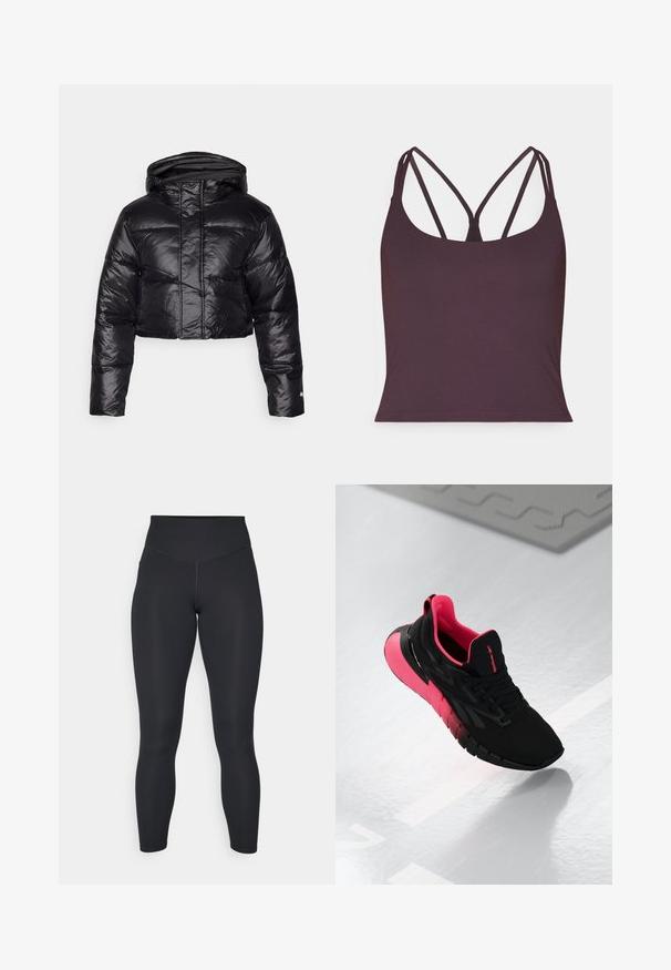 Casaco puffer preto cropped com um acabamento brilhante, capuz e padrão acolchoado horizontal. Apresenta punhos elásticos e um fecho frontal.; Top de tanque roxo escuro feito de tecido suave, com finas alças duplas e um decote arredondado. Barra inferior sem costura.; Leggings pretos com cintura alta, textura suave e design justo. Apresentam costuras planas e cobertura total sem padrões.; Sapatilha desportiva preta com detalhes em rosa, parte superior em malha respirável, colarinho almofadado e sola texturizada para aderência e flexibilidade.