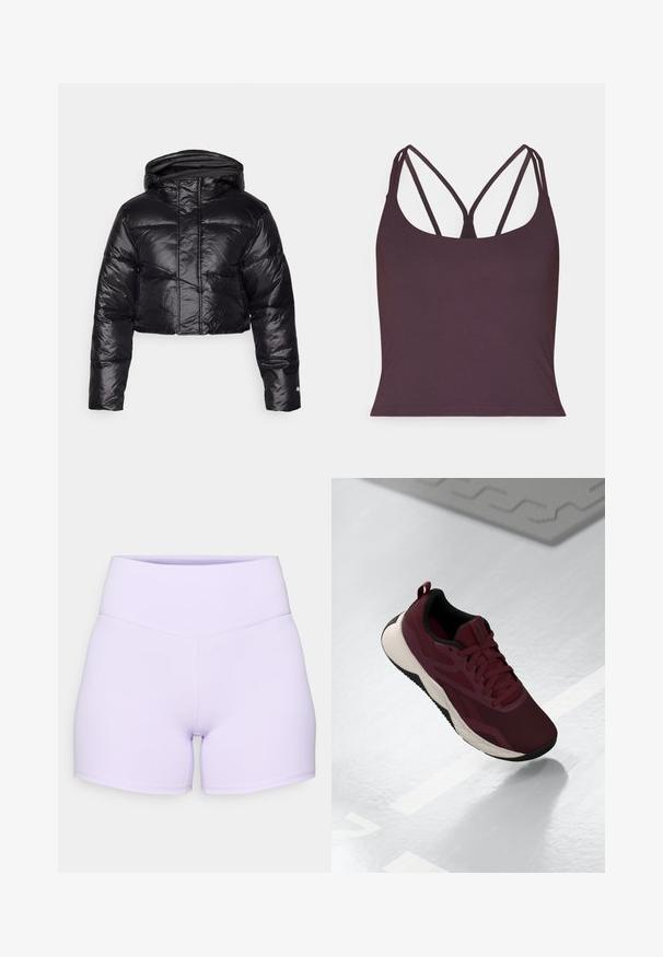 Afskåret sort pufferjakke med en blank finish, hætte og horisontal quiltet mønster. Har elastiske manchetter og en frontlynlås.; Mørkelilla tanktop lavet af glat stof med tynde dobbelte stropper og en afrundet halsudskæring. Sømfri kant forneden.; Lilla højtaljede shorts lavet af strækbart stof. Har flade sømme og et tætsiddende design med en glat tekstur.; Bordeaux atletiske sko med mesh-overdel, sorte accents og en polstret hvid sål. Har snørebåndslukning og en løkke ved hælen.