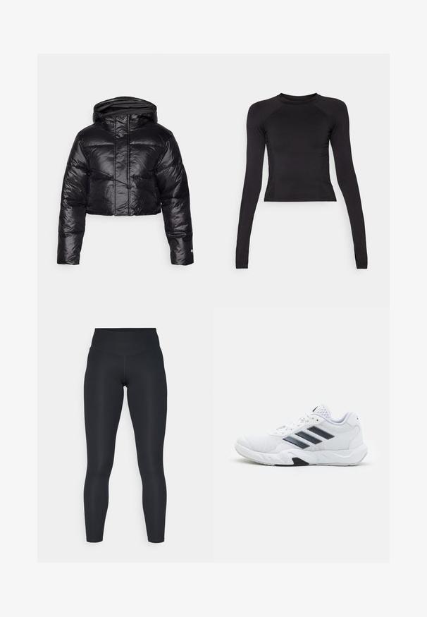 Zkrátená čierna puffer bunda s lesklým povrchom, kapucňou a vodorovným prešívaním. Obsahuje elastické manžety a predný zips.; Čierny dlhý rukáv crop top vyrobený z elastického materiálu, s okrúhlym výstrihom a raglánovými rukávmi so jemnými švom.; Čierne legíny vyrobené z elastickej tkaniny, s vysokým pásom, hladkou textúrou a prispôsobivým strihom. Žiadne viditeľné vzory ani kovové prvky.; Biele športové topánky s ventilovaným vrchom, tromi čiernymi pruhmi po stranách, textúrovanými akcentmi a pevným gumovým podošvom s kontrastnou čiernou časťou.